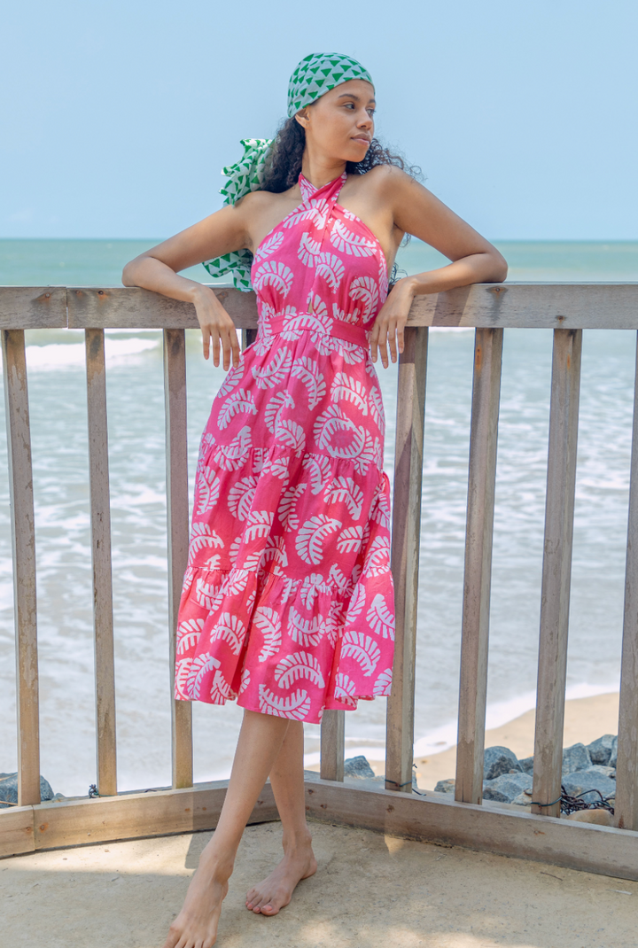 Aqua x Studio 189: Pink Leaf Print Halter Midi Dress