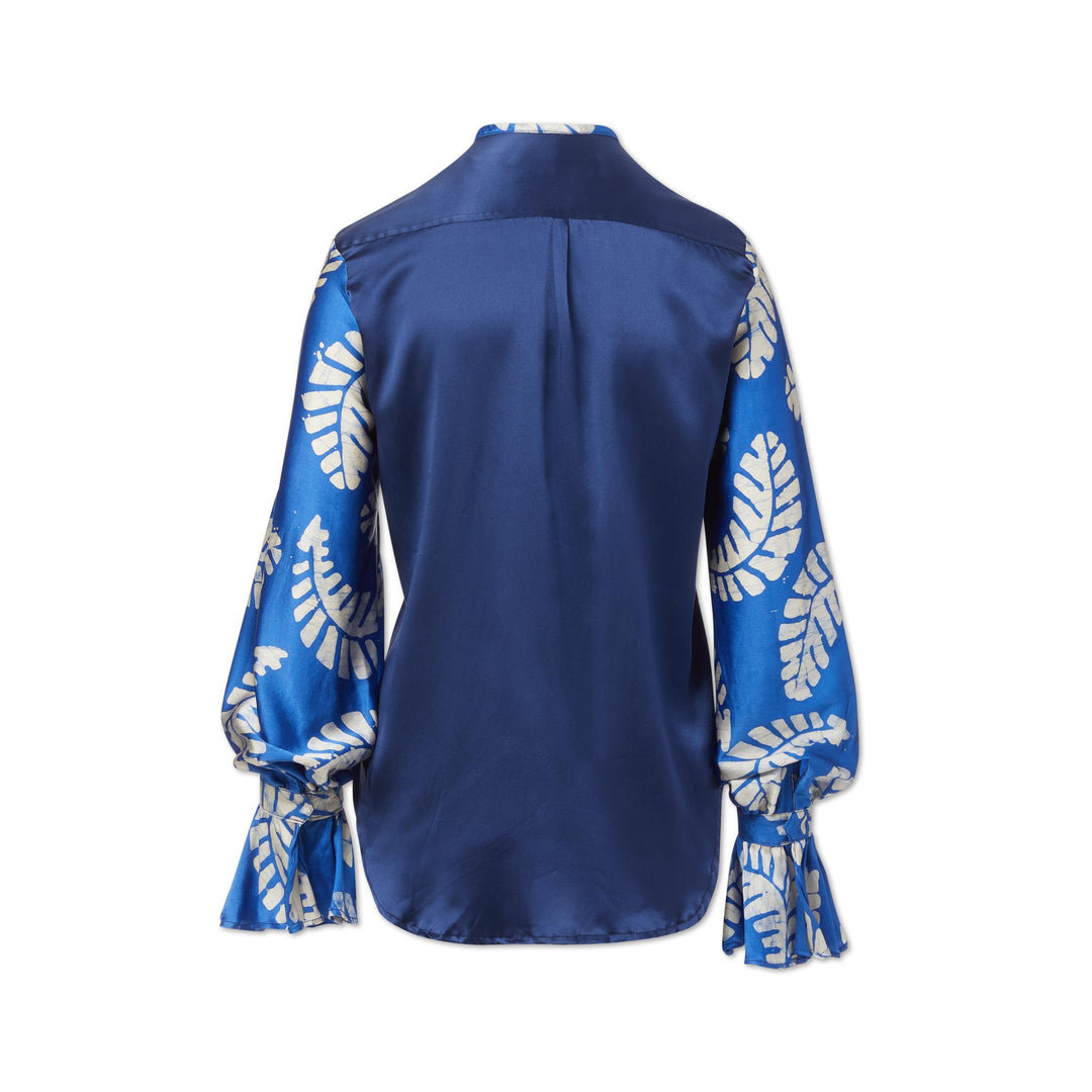 Hand-Batik Silk Ruffle Cuff Long Sleeve Shirt