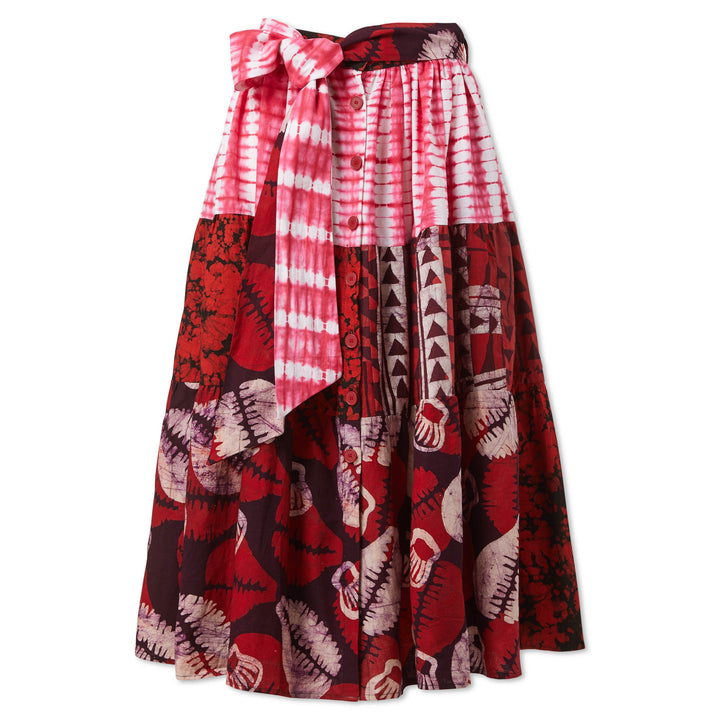 Mixed Print Belted Midi Skirt