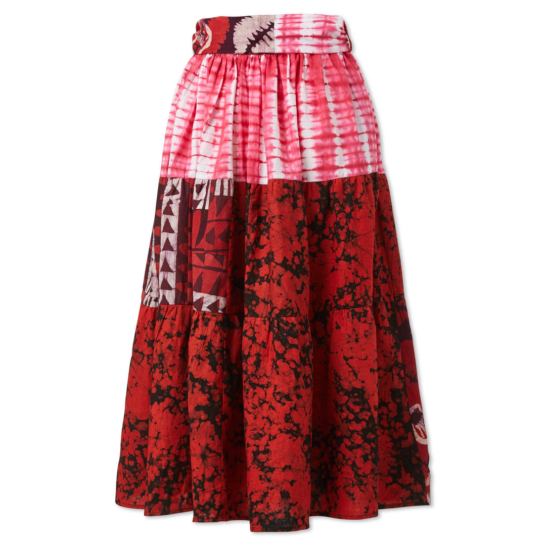 Mixed Print Belted Midi Skirt