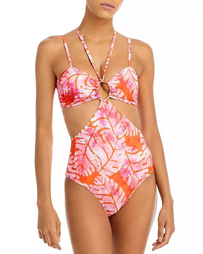 Aqua x Studio 189: Orange & Pink Big Leaf Cutout One Piece Swimsuit