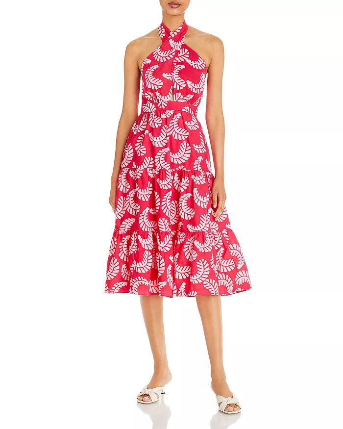 Aqua x Studio 189: Pink Leaf Print Halter Midi Dress